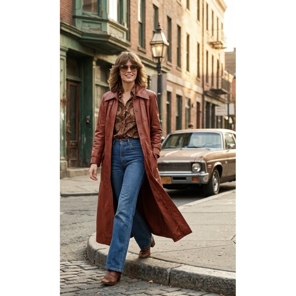 Vintage 70s Red Leather Trench Coat Maxi Long Duster Dagger Collar Uruguay S